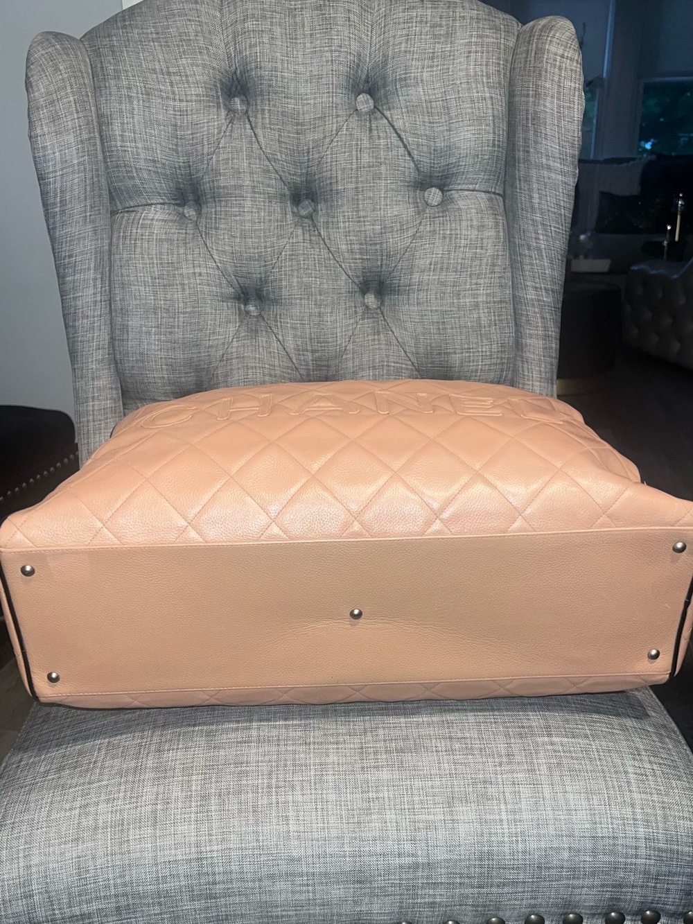 CHANEL Quilted Peach Leather Duffel with Black Handles - Picture 6 of 12
